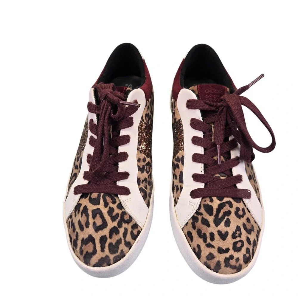 Geox Respira Womens Leopard Print Glitter Fashion Sneakers Maroon White Size 10 - Picture 4 of 7